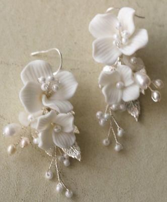 Silver Crystal Earring for Brides, Bridal Wedding Clay Flower Earring for Wemen
