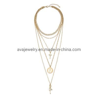 Elegant Women Multi Layer Choker Necklace Jewelry with Rose Cross Charm