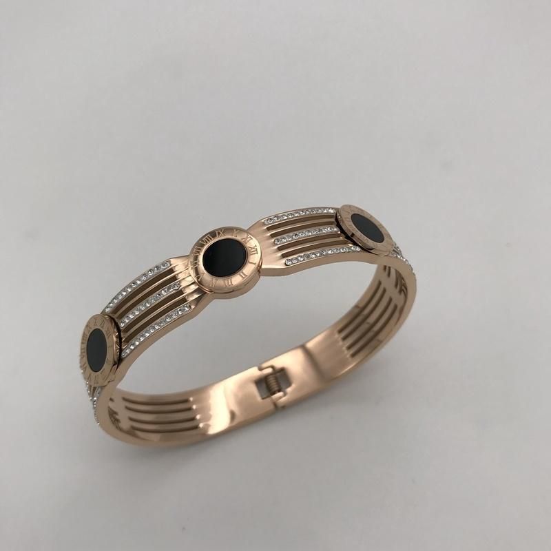 12mm Wide Stainless Steel Roman Numerals Zircon Cuff Bangle Rose Gold Plated Bracelet