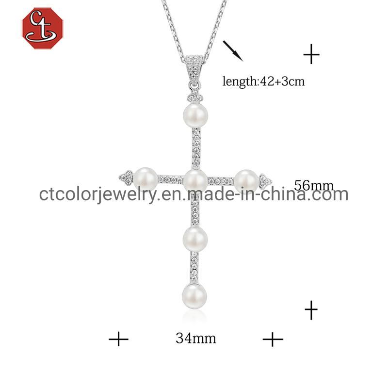 Wholesale fashion 925 silver cross shape 5A CZ nature pearl jewelry necklace