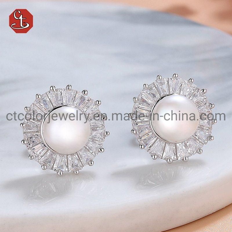 Fashion Women Jewelry 925 Sterling Silver Black Plated Emerald Earrings Pearl Stud Earrings