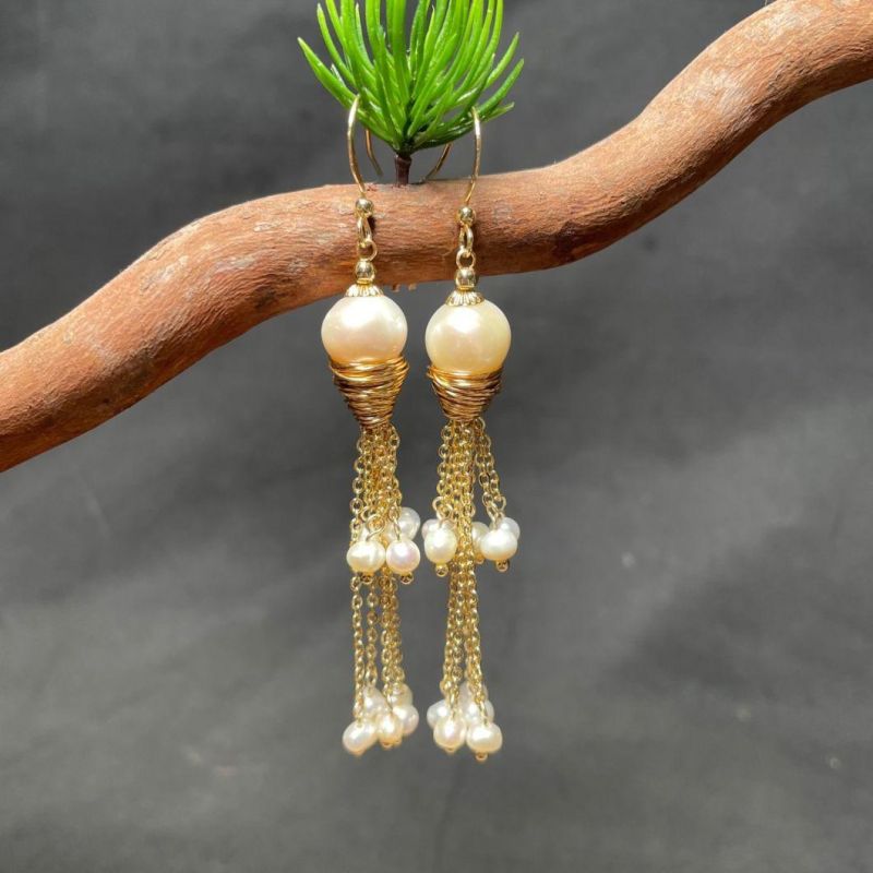 Fashion Jewelry Stone 14K Gold Lone Natural Pearl Tassel Pendant Hoop Earrings