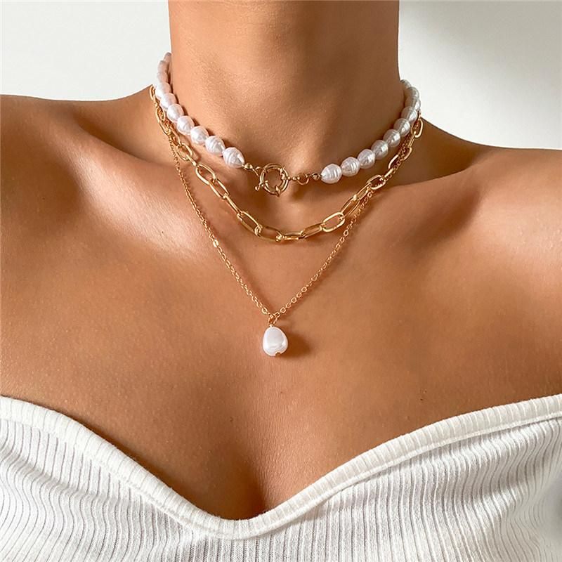 Manufacture Wholesale Fashionable 3 Layered Necklace with Teardrop Shape Pearl Big Circle Women Necklaces