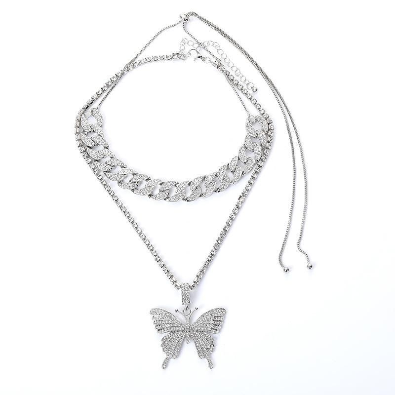 Double Layer Big Butterfly Pendant Necklace Full Rhinestone Women Jewelry