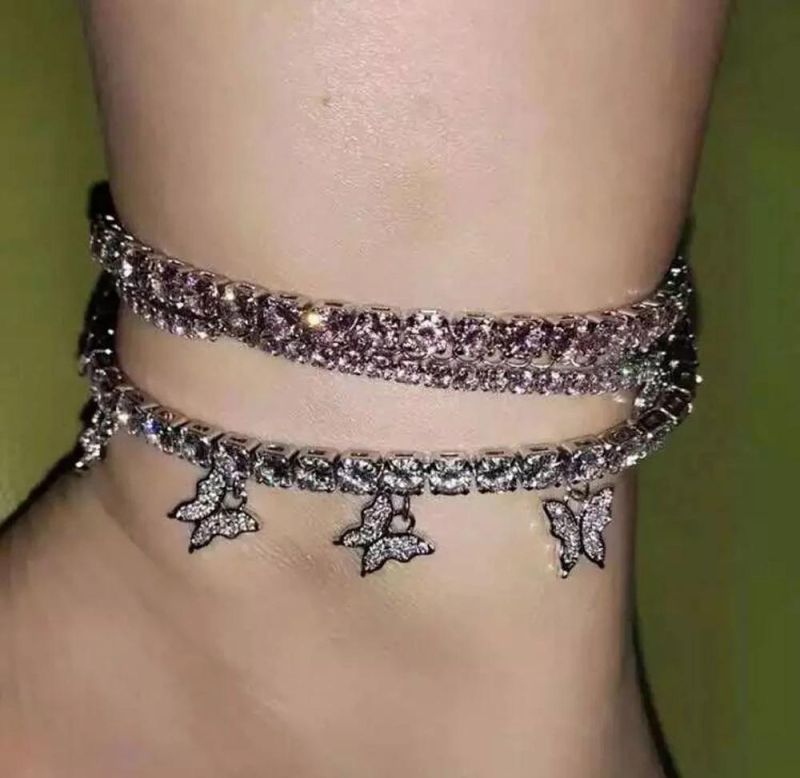 Fashion Statement Diamond Crystal Charm Jewelry Butterfly Cuban Anklet