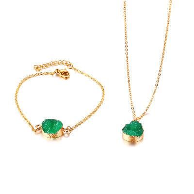 Stainless Steel Natural Green Stone Jewelry Set with Necklace Bracelet