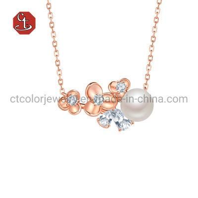 High Quality Rose Flower and Pearls Jewelry 925 Sterling Silver Necklace