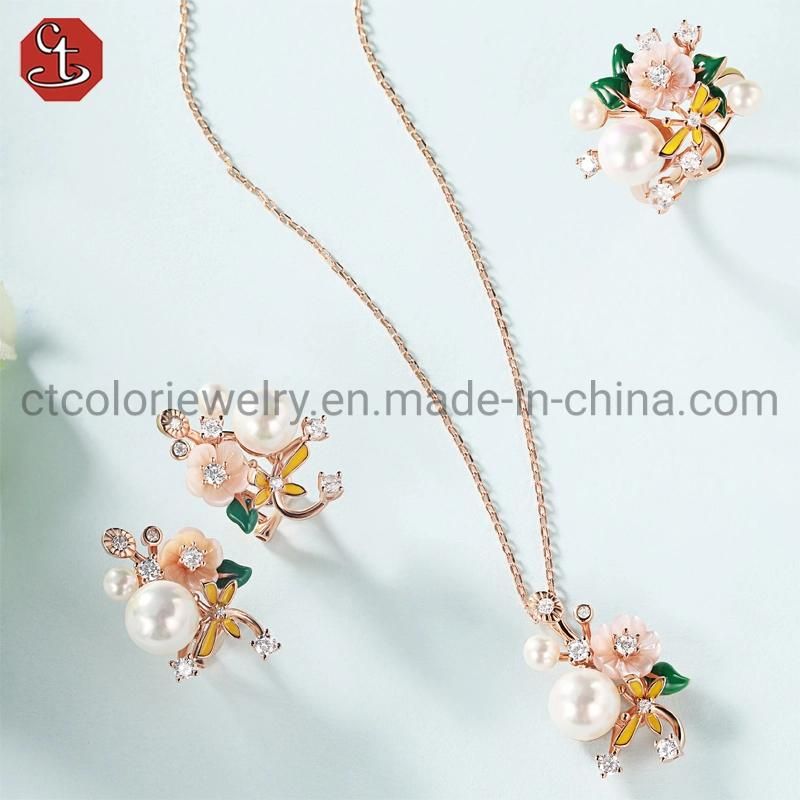 925 Sterling Silver Fine Jewelry Mop Enamel Flower Rings Fashion Jewelry