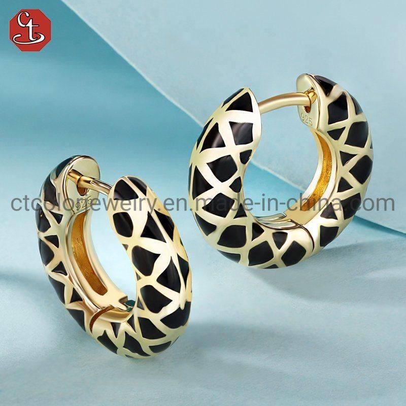 Fashion Jewelry 925 Sterling Silver High Quality Jewelry 18K Gold Plated Earrings with Black Enamel Jewellery
