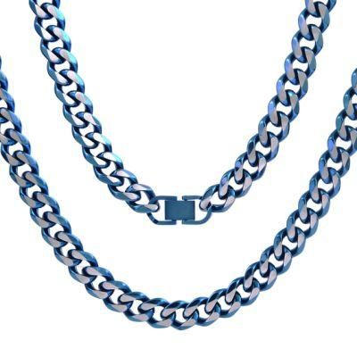 Wholesale Charm Fashion Jewelry 24inch Thick Blue Color Plated Beveled Curb Link Chain Necklace in Stock