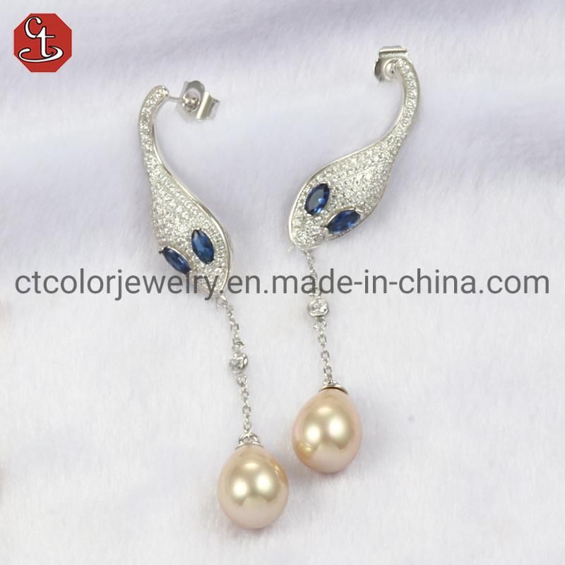 925 Sterling Silver or Brass Fine Jewelry Blue Crystal Pearl Earrings for Women