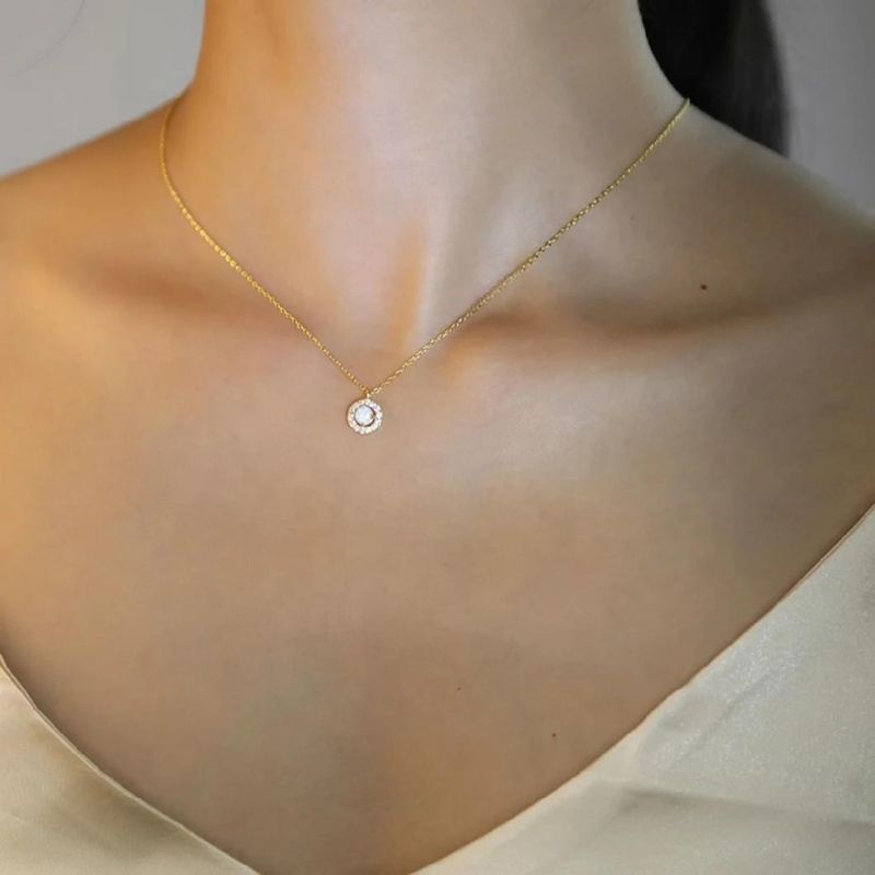 925 Silver Jewelry Opal Stone Circle Zircon Pendant Clavicle Chain Necklace for Women Wedding Fashion Jewelry