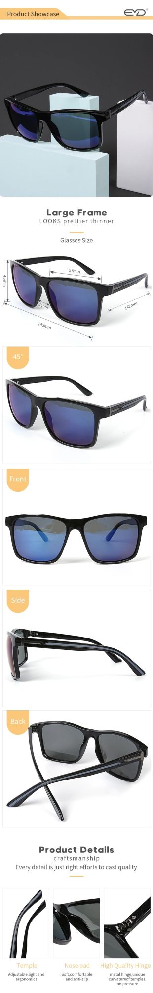 Bright Black Sunglasses Custom Driver′ S Sunglasses Gradient Blue Lenses Sun Glasses Men′ S Square Shades