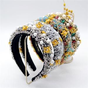 2021 Handmade Colorful Baroque Pearl Crystal Headband for Women Luxury Shiny Padded Diamond Flower Hair Band Hair Accessories