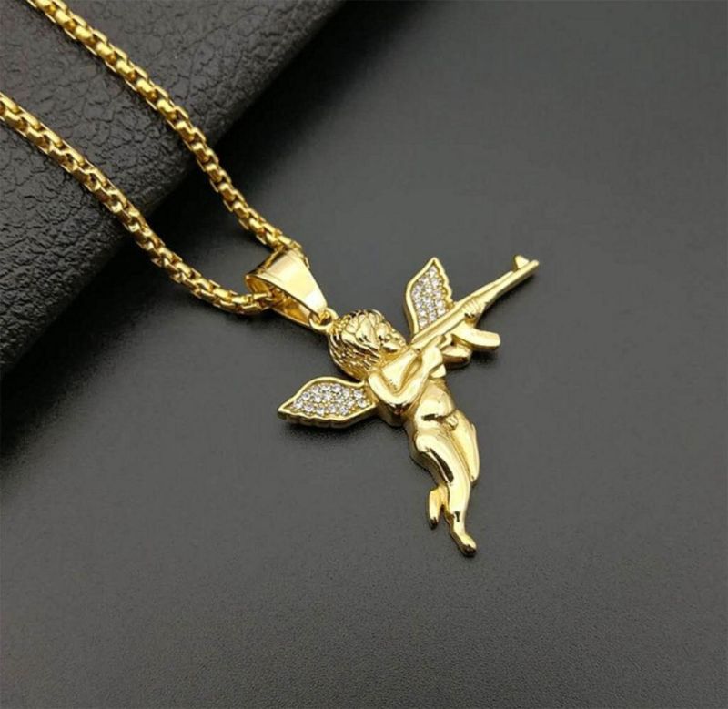 Hot-Selling New Hip-Hop Hiphop Jewelry Titanium Steel Gold-Plated Diamond Revenge Angel Ak47 Pendant Spt2617