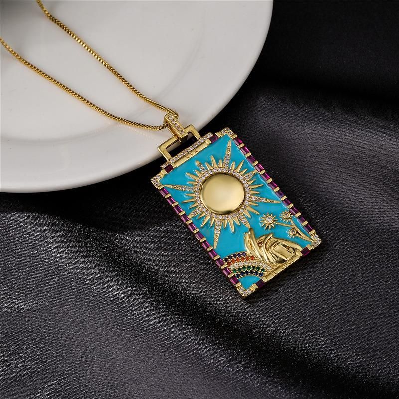 Oil Painting Enamal Brass Micro Filling Zircon Pendant Necklace