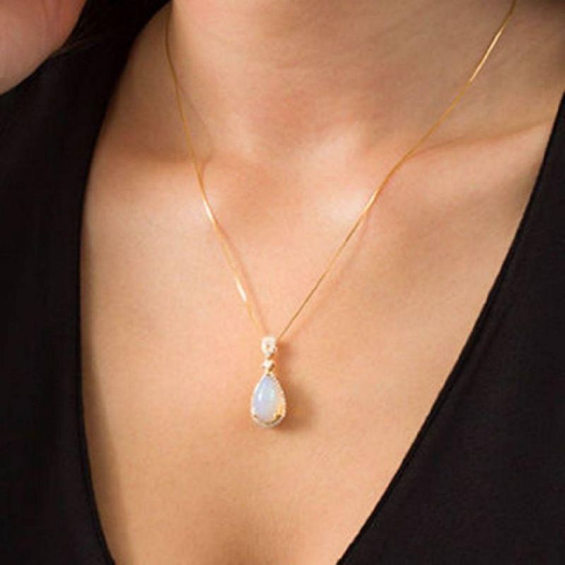 Fantastic Delicate Hot Selling Jewelry Elongated Pear Shaped Opal with CZ Frame Necklace S925 Gold Plated