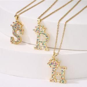 Hot Jewelry Micro Pave Colorful Cubic Zircon CZ Crown a-Z 26 Alphabets Letter Brass Pendant Necklace