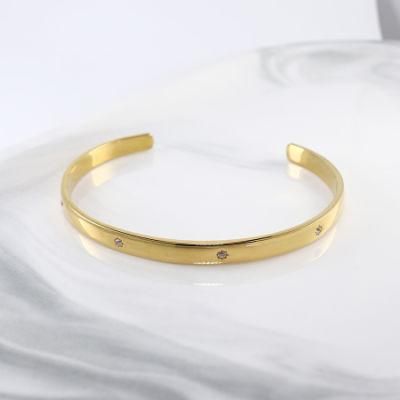 Dainty Fashion Stainless Steel 18K Gold Plated 4.5mm CZ Open Cuff Bangle Bracelet for Women Jewelry