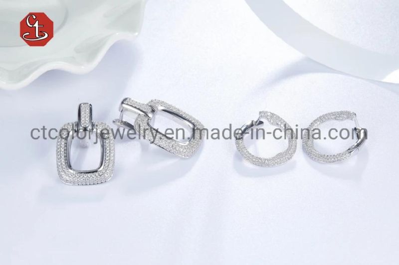 High Quality Link Hoop Earring CZ Stone Circle Round Silver Earring