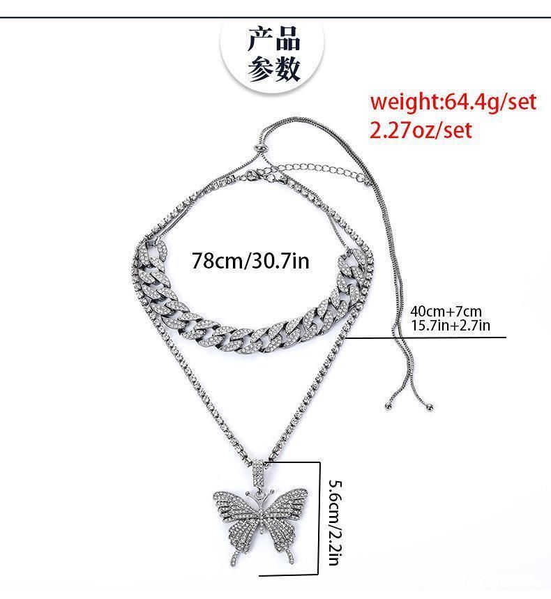 Double Layer Big Butterfly Pendant Necklace Full Rhinestone Women Jewelry