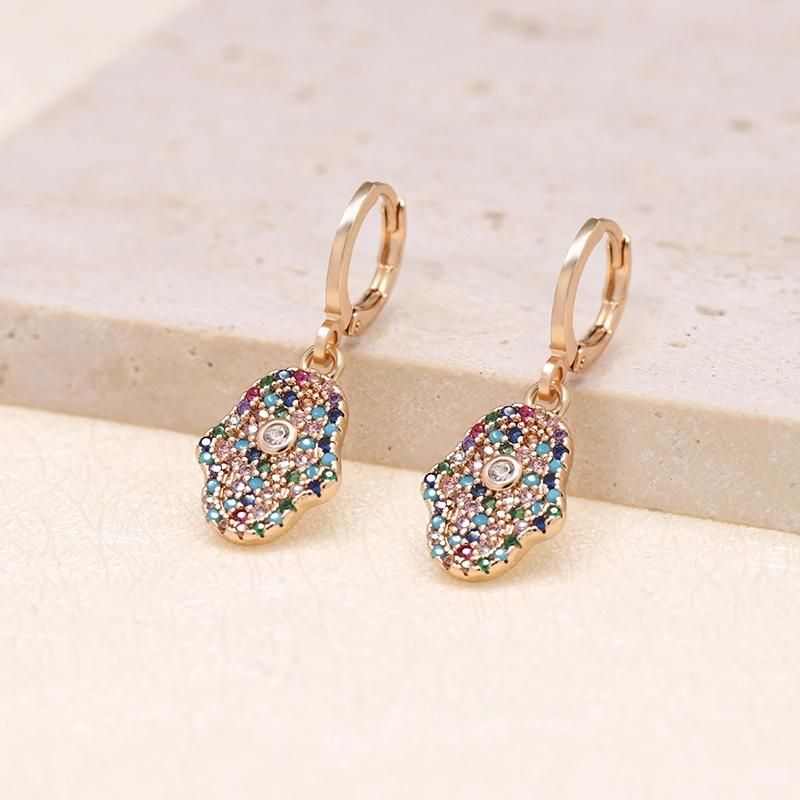 Brass Gold Plated Colorful Zircon Hamsa Hand of Fatima Earrings
