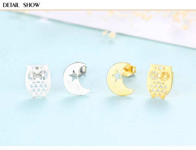 Double Color Owl and Moon Design 925 Sterling Silver Ear Stud