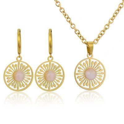 18K Gold Plated Stainless Steel Inlaid Natural Stone Crystal Pendant Necklace Openwork Flower Fashion Jewelry Gift