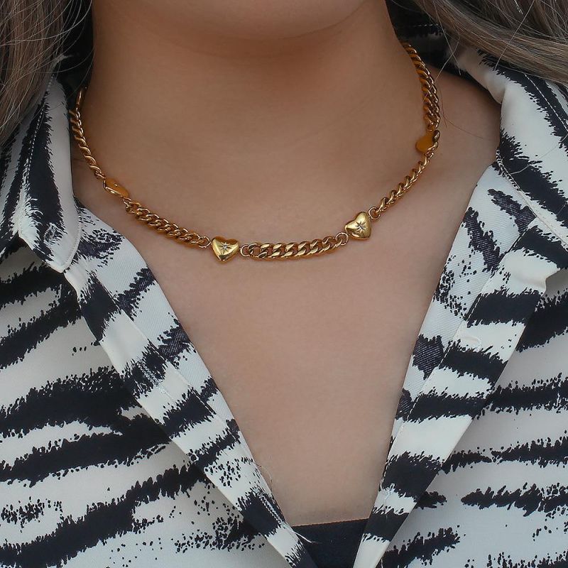 Factory Customized Fashion Retro Fashion Ins Jewelry Stainless Steel Electroplating 18K Gold Zirconium Inlaid Love Pendant Cuban Chain Necklace