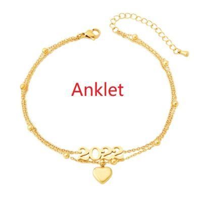 Manufacturer Customized Jewelry Supplier High-Quality Waterproof New Fadeless Stainless Steel Fashion 2022 Gold Heart-Shaped Anklet