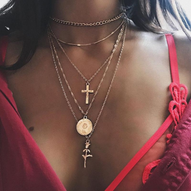 Elegant Women Multi Layer Choker Necklace Jewelry with Rose Cross Charm