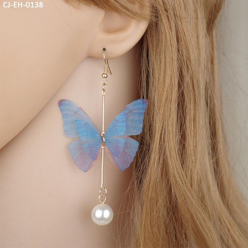 Korea Fashion Jewelry Wholesale Summer New Blue Pink Pearl Pendant Butterfly Earrings