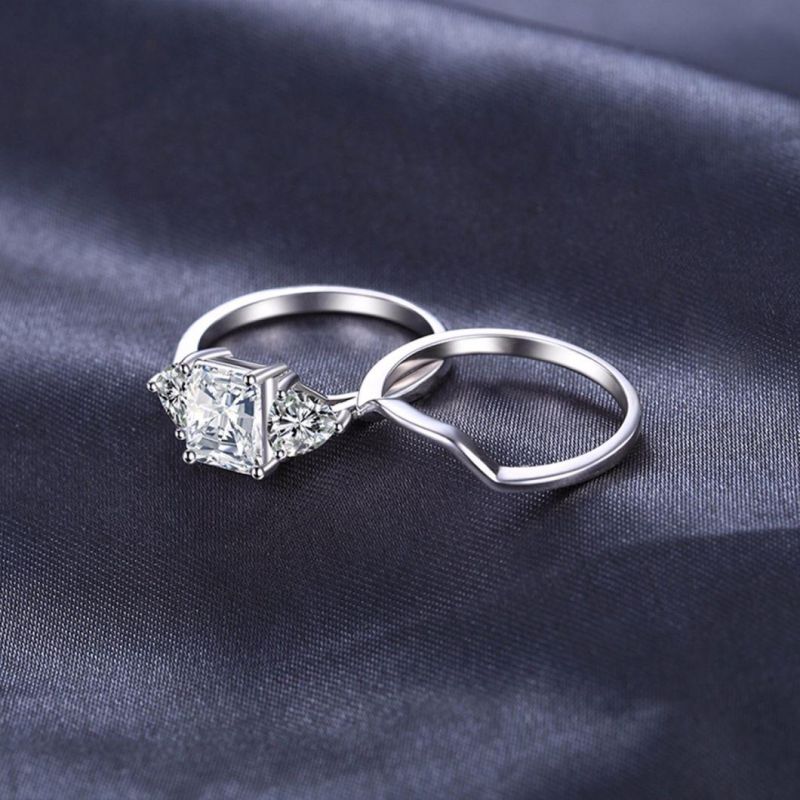 Emerald Cut Cubic Zirconia 3 Stone Anniversary Promise Wedding Band Engagement Rings Bridal Sets Silver Jewelry