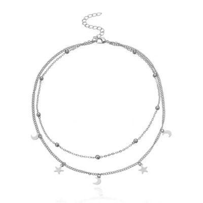 Factory 925 Sterling Silver Lucky Star Beads Layer Choker Lady Necklace Adjustable Double Chain Jewelry