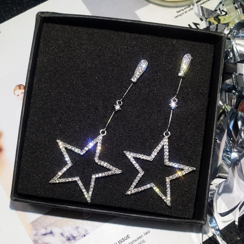 Crystal Rhinestone Hollow Five-Pointed Star Hanging Earrings Ladies Fashion Jewelry