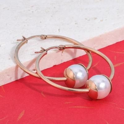 Fashion Temperament Stainless Steel Jewelry Round Circle Pearl Hoop Earrings Simple Geometric Big Hoop Earrings Women