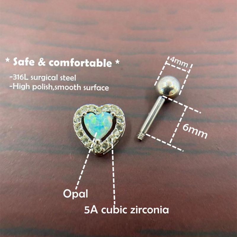 New 316L Surgical Steel Heart Opal Earring Cartilage Body Piercing (Custom Opal Color Available)