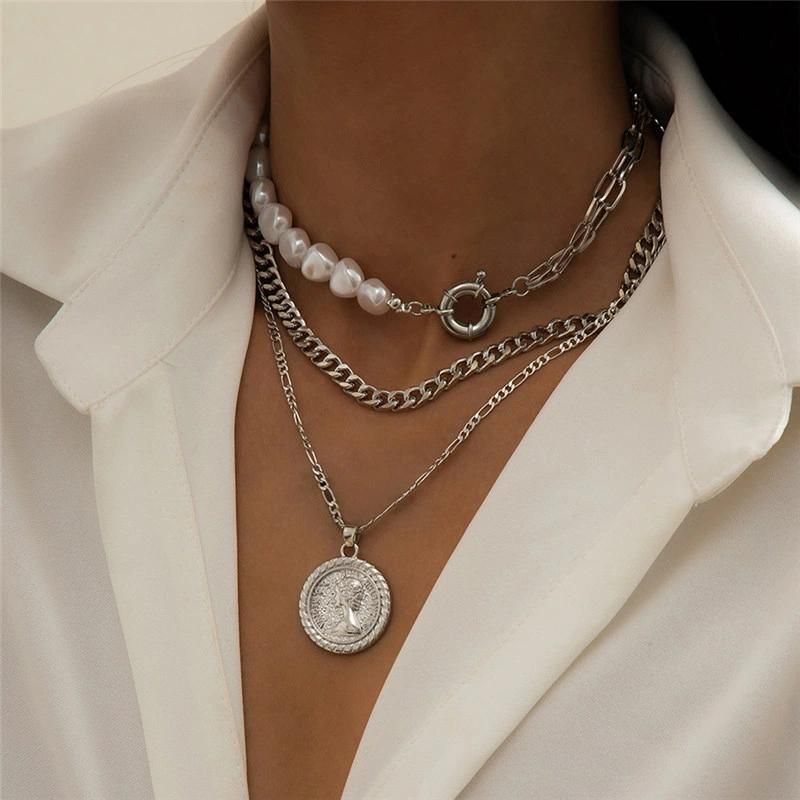 Manufacture 18K Gold Plated Multiple Necklace Pearl Ot Lock Clasp Necklace Head Coin Pendant Necklace Curb Chain Necklace for Women Party Gift