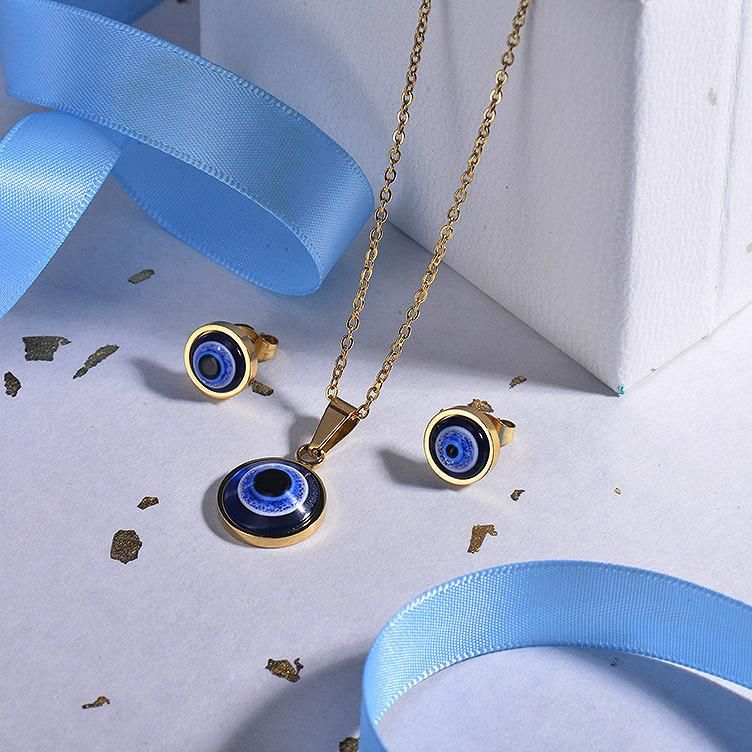 Blue Rhinestone Evil Eye Necklace Gold Necklace Stainless Steel Necklace