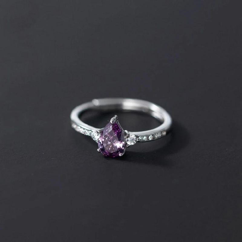 925 Sterling Silver Ring 5mm Purple CZ Stone Adjustable Ring Women Light Luxury Fashion Wedding Jewelry