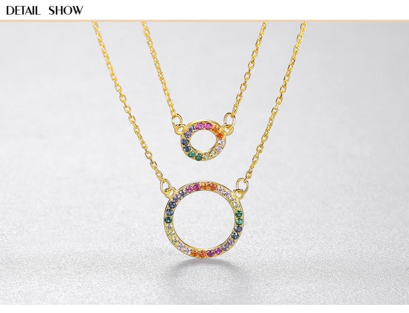 Double Layer Necklace with Cubic Zircon Clavicle Chain Round Pendant