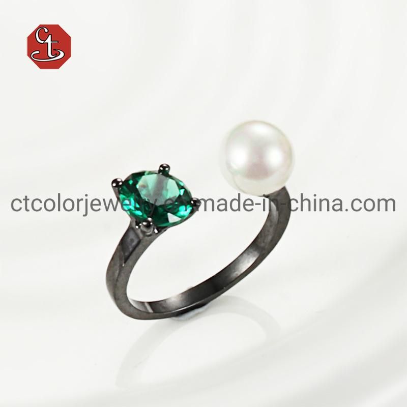 Fashion Jewelry 925 Sterling Silver Black Plated Jewellery Open Ring with Shell Pearl