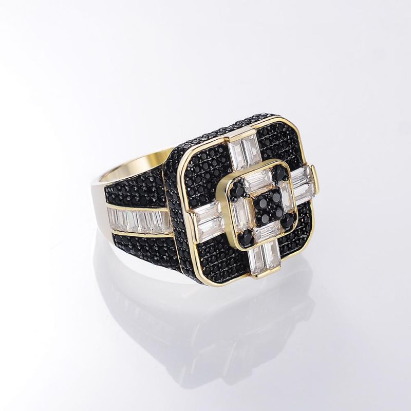 New Arrival 925 Sterling Silver Jewelry 18K Gold Plated Iced out Cubic Black Zirconia Baguette Hip Hop Ring for Men