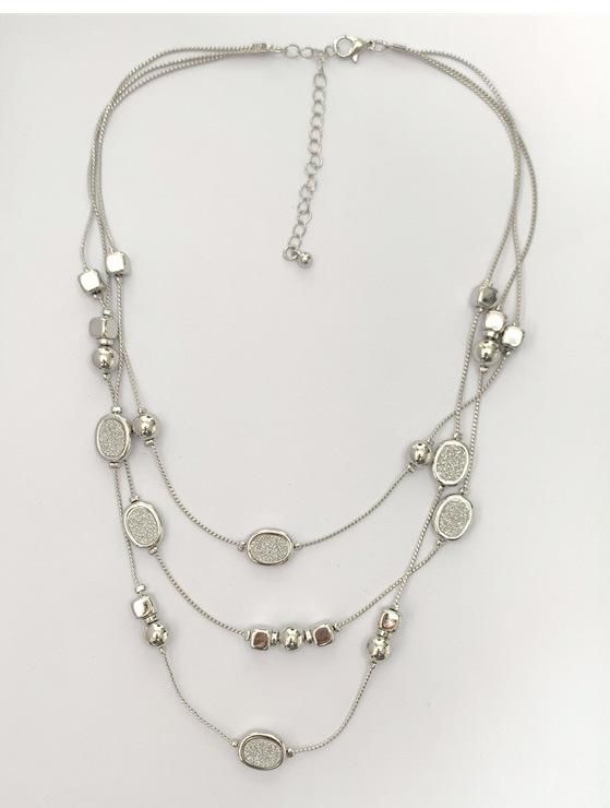 Rhodium Plated 3 Layered Glitter Paper Fashion Necklace with Oval Round Square Ccb Women Fashion Jewellery