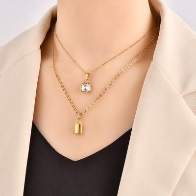 Love Lock Pendant Jewelry Gold Plated Metal Fashion Layering Necklace Crystal Pendant Jewelry