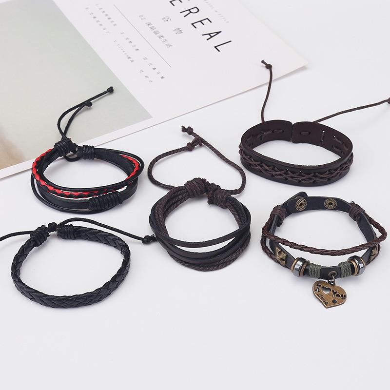 Leather Bracelets for Men Women Wrap Wood Beads Bracelet Woven Ethnic Tribal Rope Wristbands Bracelets Set Adjustable