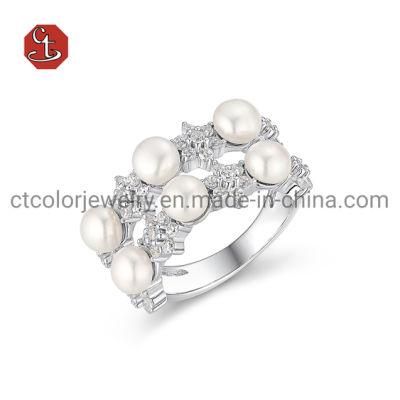 Fashion Jewelry Delicate Wedding Rings with Natural Pearl High Quality Cubic Zircon Silver Ring
