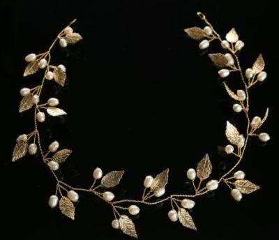 Bridal Wedding Natural Pearl Leaf Hair Vines Headband Headpiece. Gold Headpiece