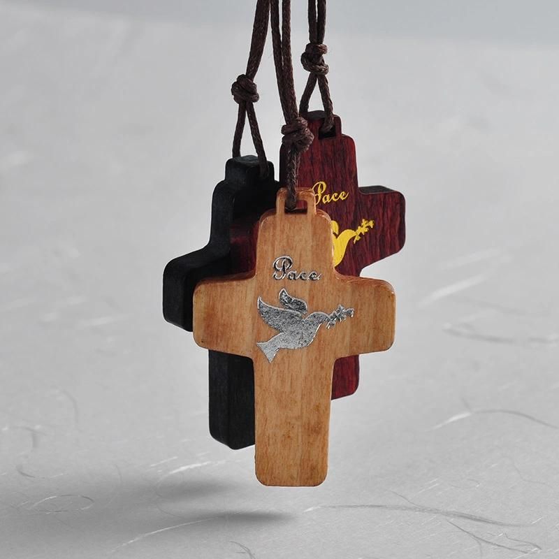 Wholesale Silver Color Imprinted 30mm Small Christian Wood Cross Pendant Necklace with Cord