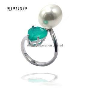 925 Sterling Silver Ring in Rhodium Plating with White Pearl Fashion Earring